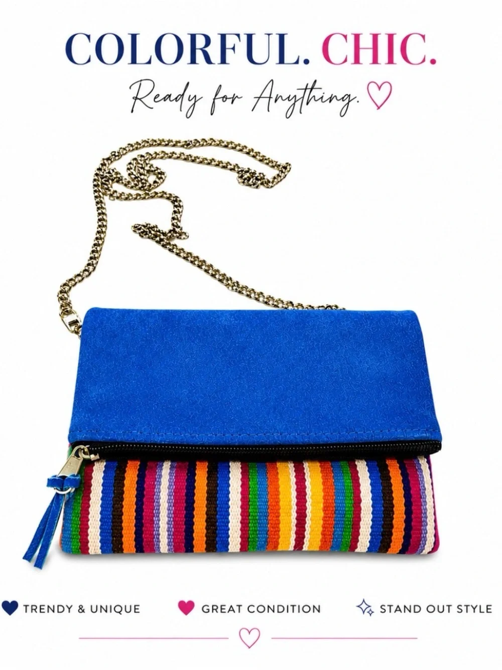 Colorful Suede Crossbody Teal Blue with Rainbow Stripe Accent